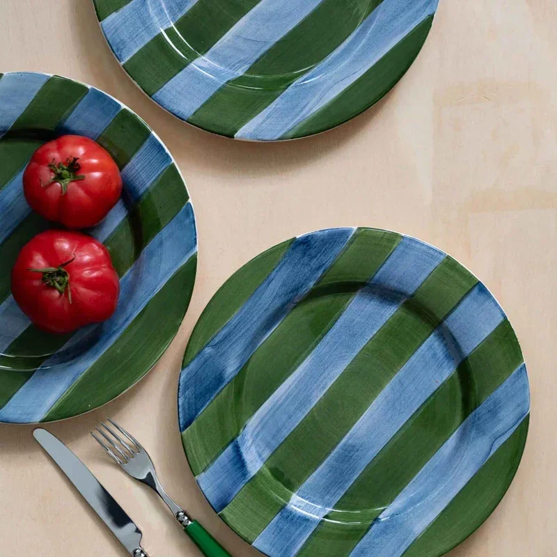 ceramic-dinner-plate-hand-painted-blue-green-stripes