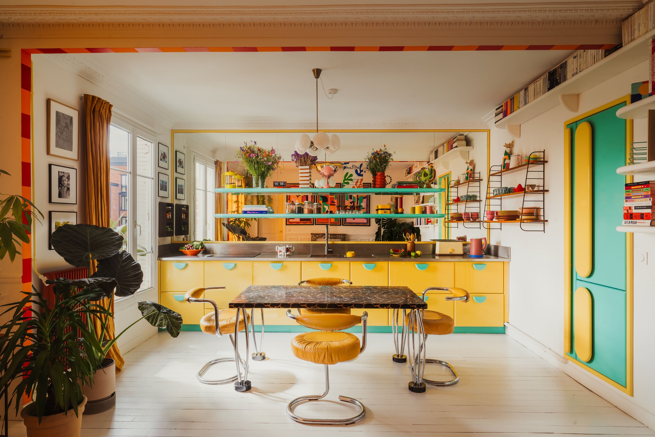 Atelier HA Saint Ouen kitchen with lacquered colourful surfaces and soft light