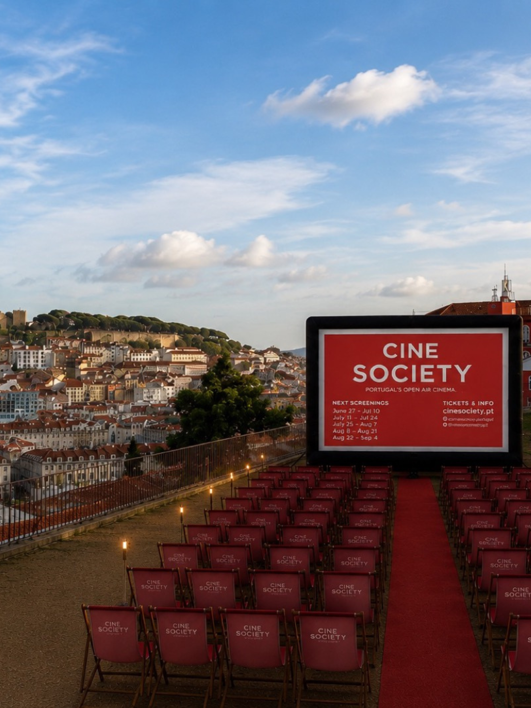 An outdoor cinema screening at CineSociety's new Príncipe Real location in Lisbon, with deck chairs and wireless headphones under the open sky.