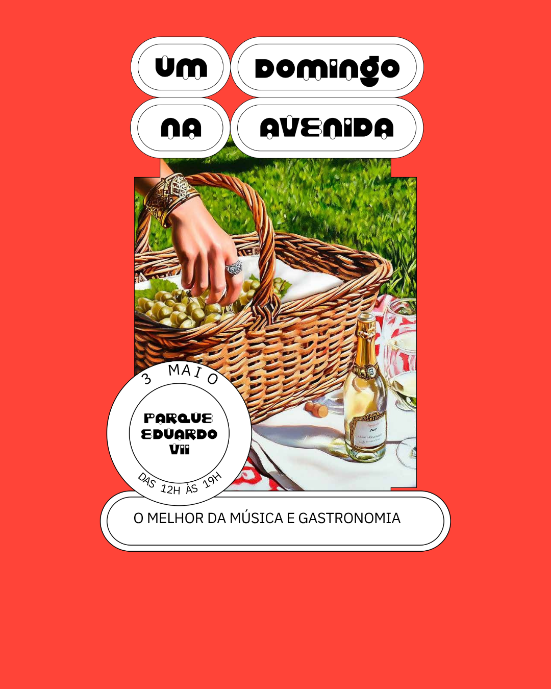 Event poster for Um Domingo na Avenida at Parque Eduardo VII, Lisbon, featuring a picnic basket with grapes and sparkling wine on a red background