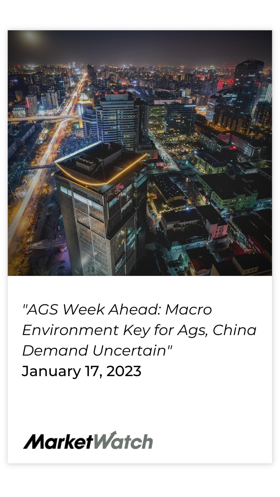 "AGS Week Ahead: Macro Environment Key for Ags, China Demand Uncertain"