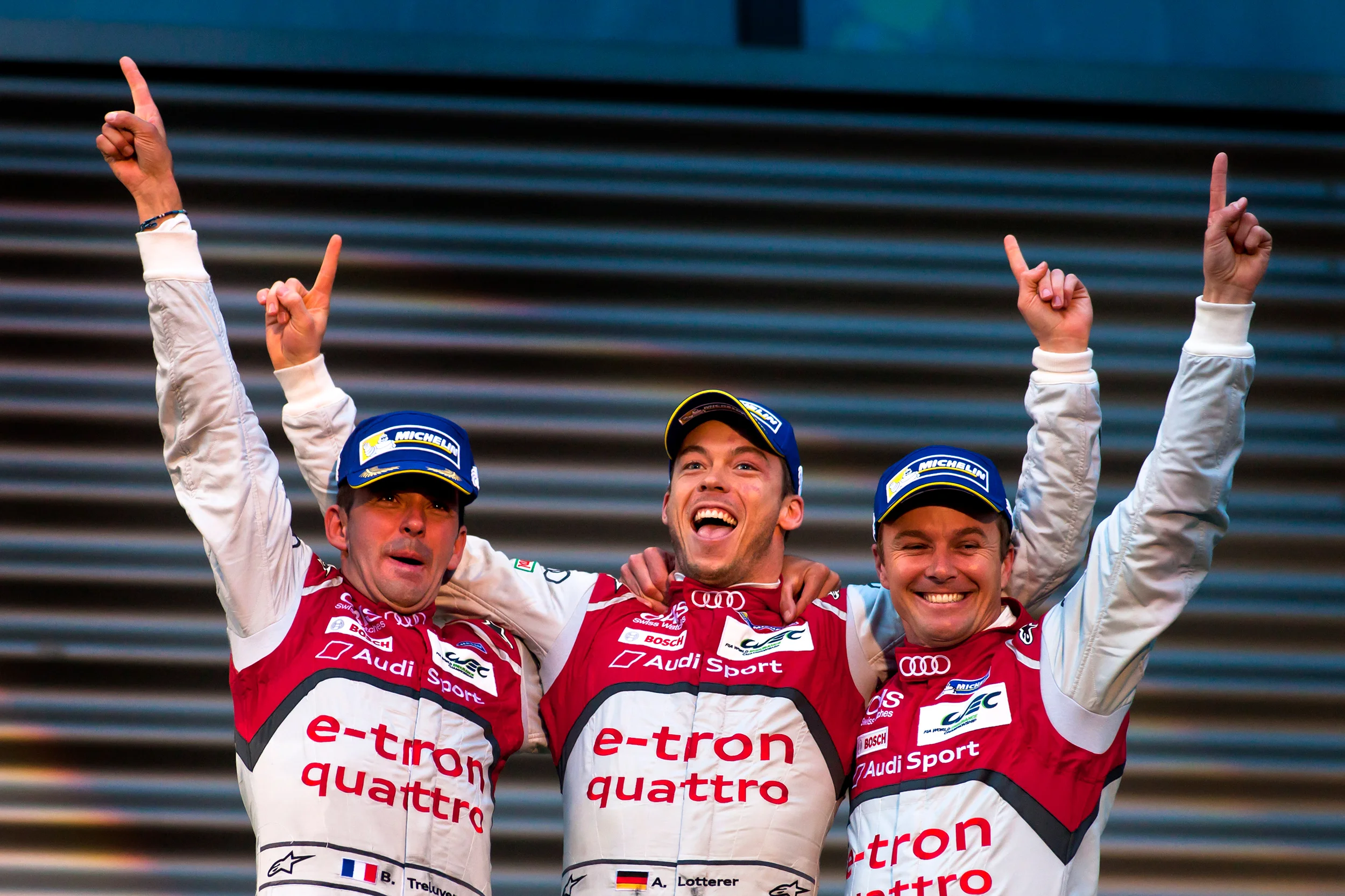 Roman Dumas, Andre Lotterer and Marcel Fassler celebrate victory 