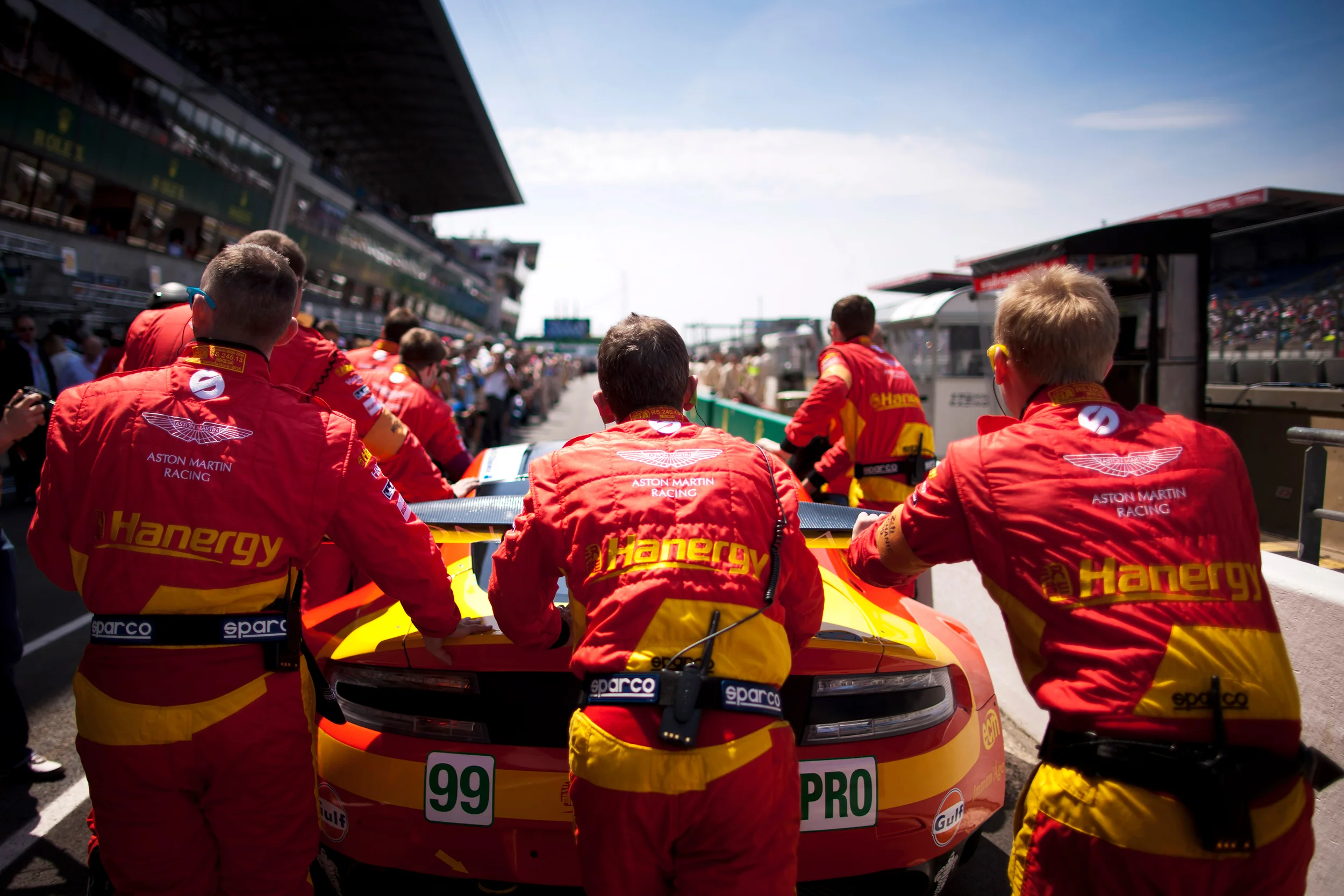 #99 Aston Martin Vantage is pushed to the grid