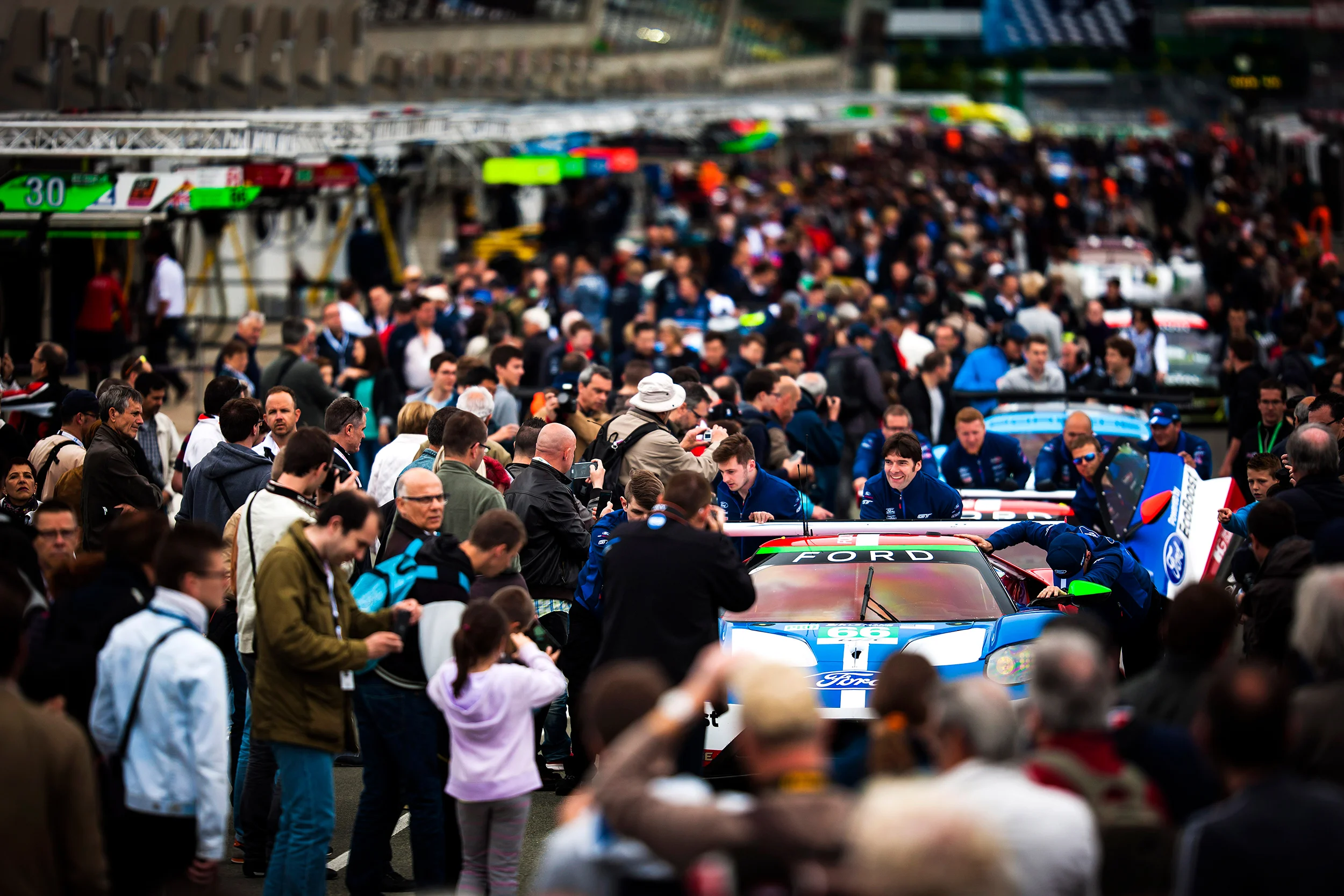 The #66 Ford GT is pushed to scrutineering