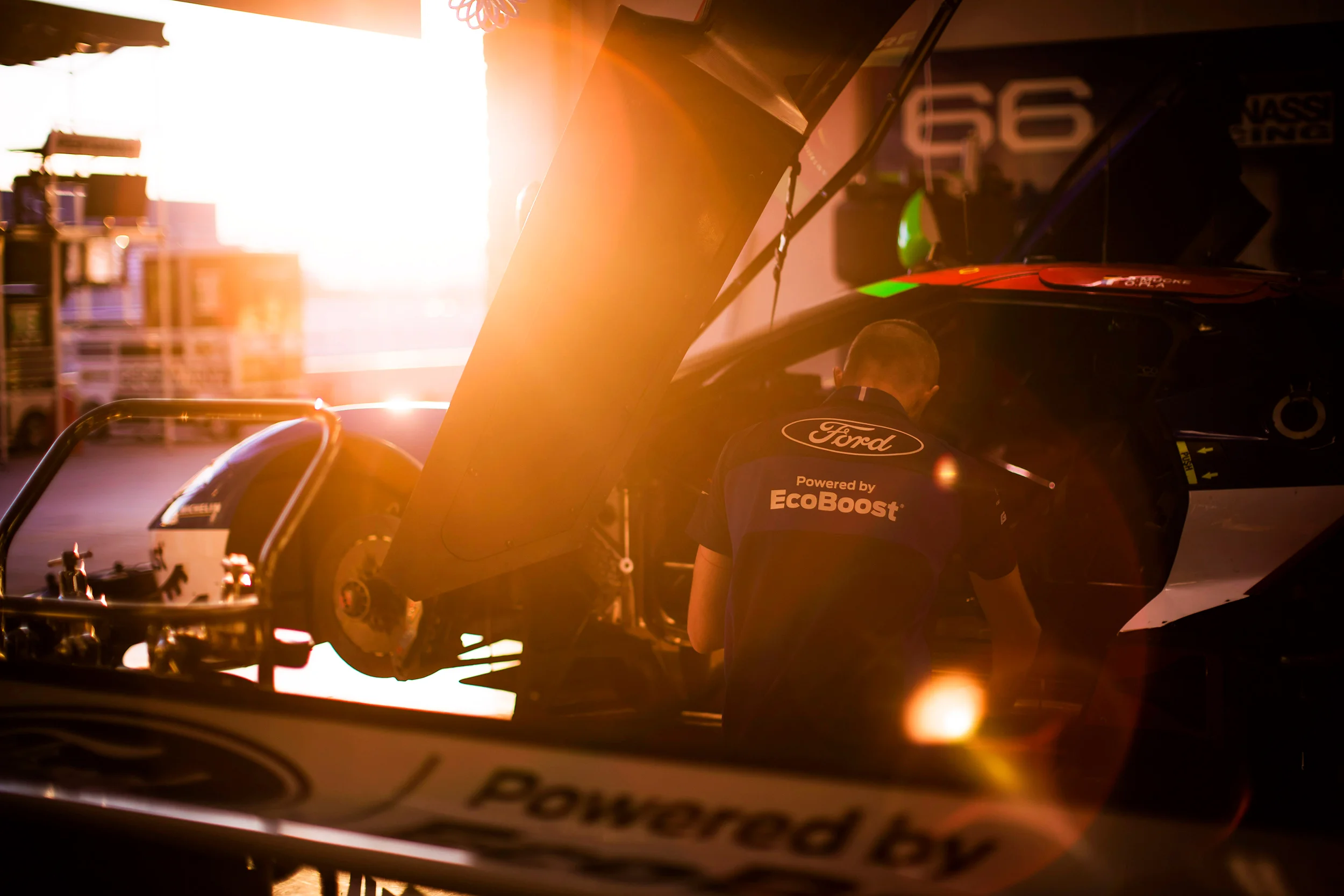 Ford garage at sunset