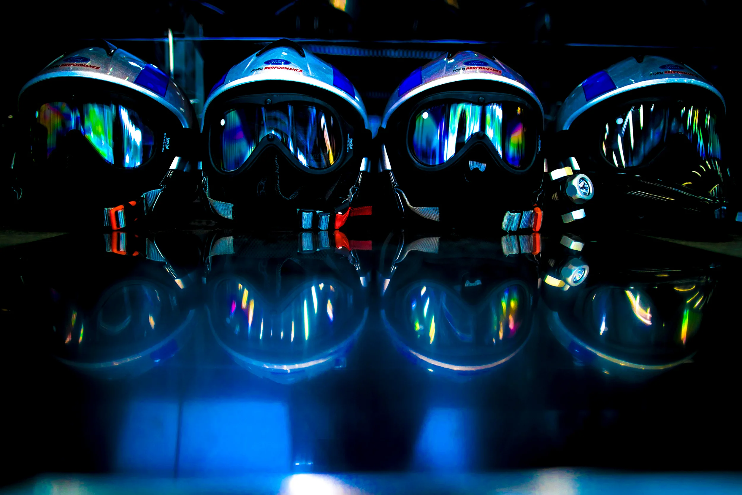 Helmets of the Ford pit crew