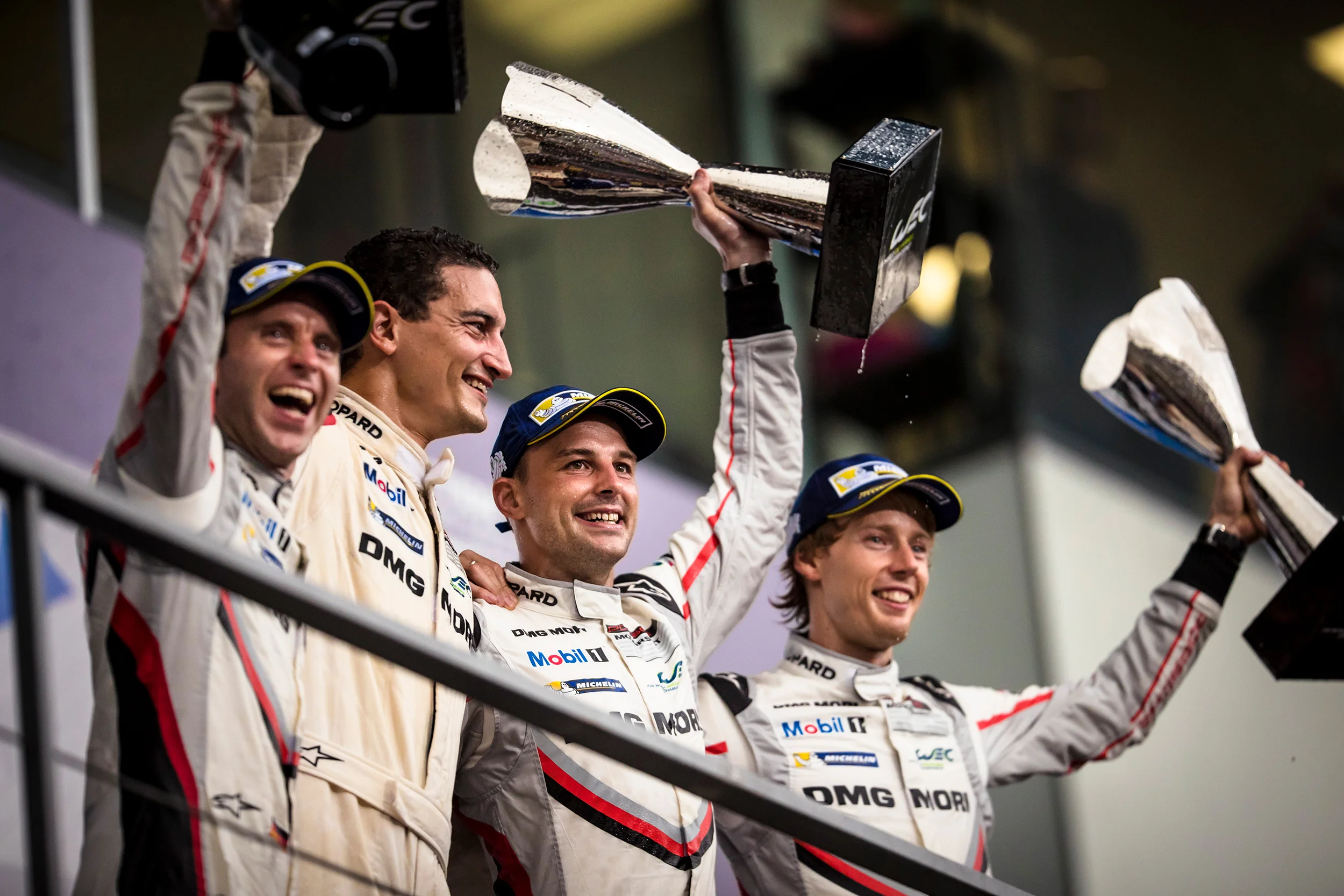 Timo Bernhard, Earl Bamber, Kyle Wilson - Clarke and Brendon Hartley celebrate victory on the podium