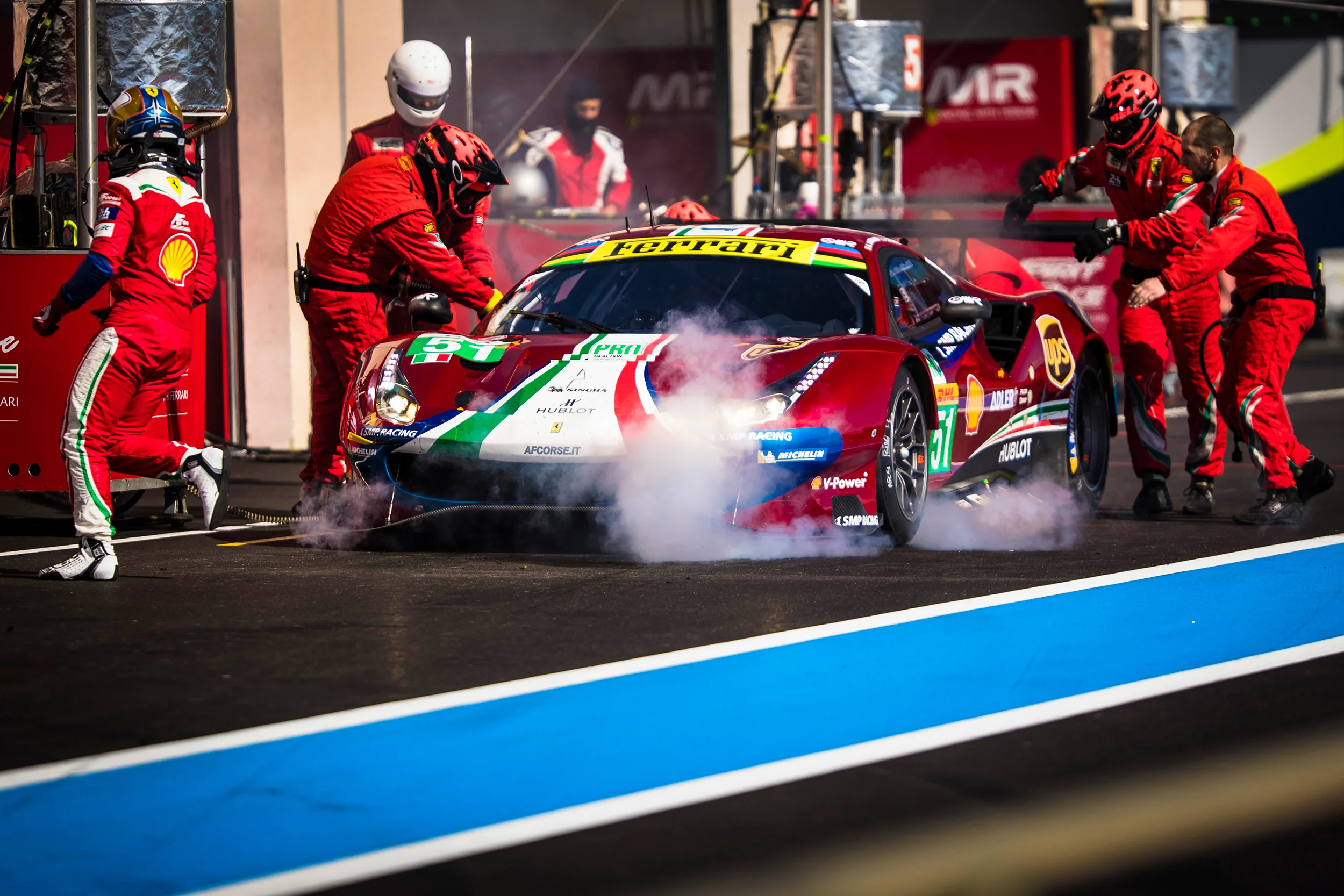 The #51 Ferrari 488 GTE EVO catches fire