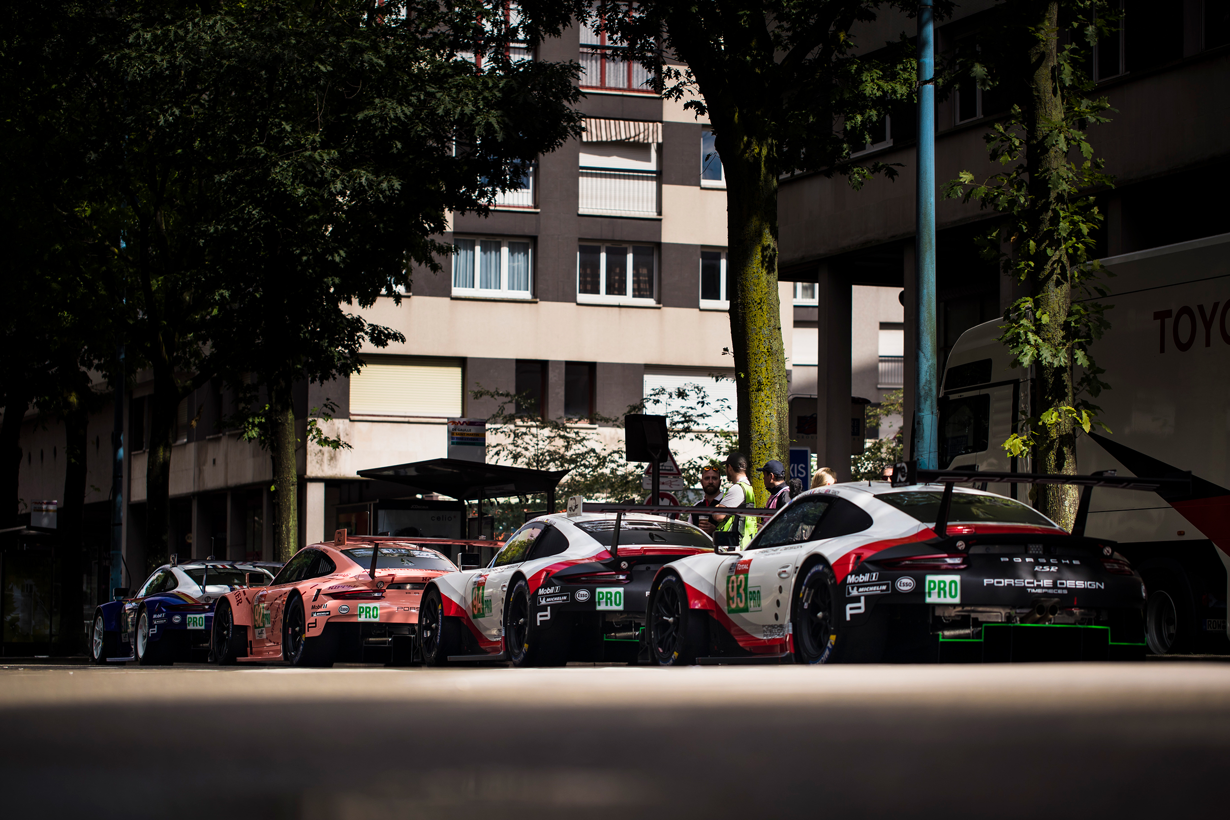 Porsche's four car line up in Le Mans town