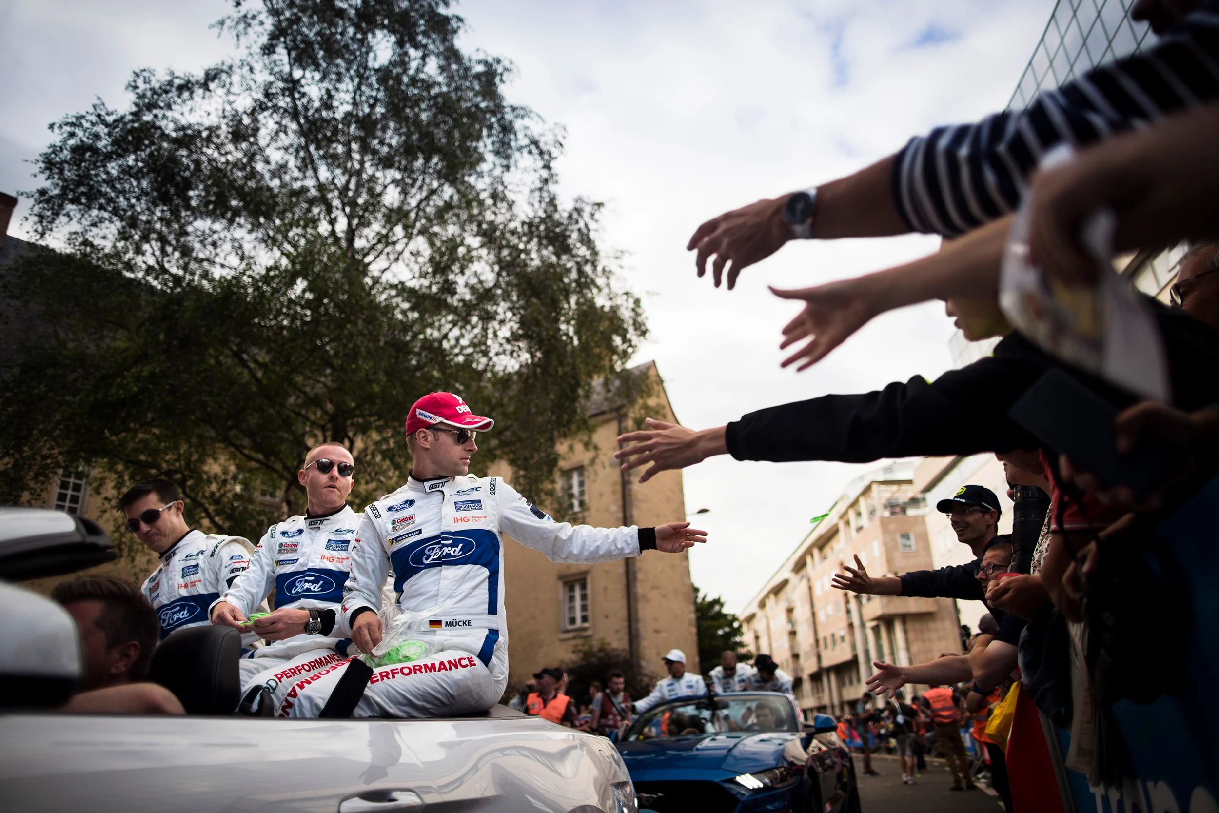 #66 Ford GT crew at the driver parade