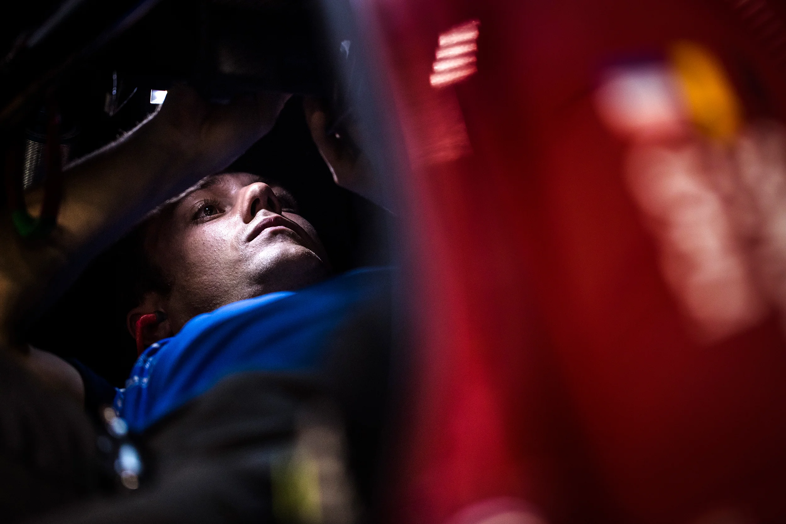 A Ford team member works on the #66 Ford GT