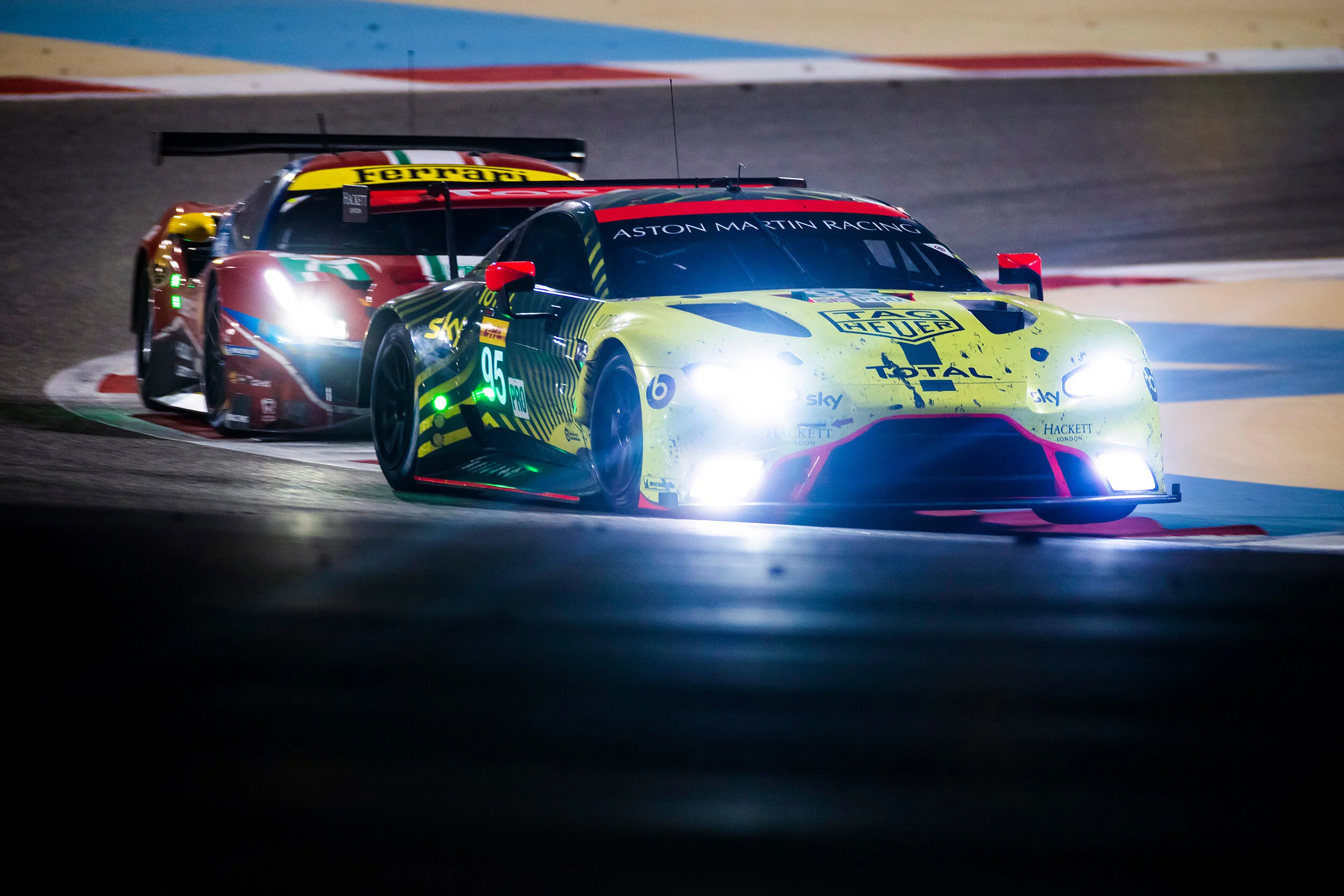 Marco Sorensen, Aston Martin Vantage leads James Calado, Ferrari 488 GTE EVO