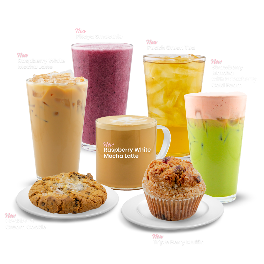 Fuel America new spring menu featuring pitaya smoothie, peach green tea, strawberry matcha with cold foam, raspberry white mocha latte, cookies and cream cookie, and triple berry muffin on black background.