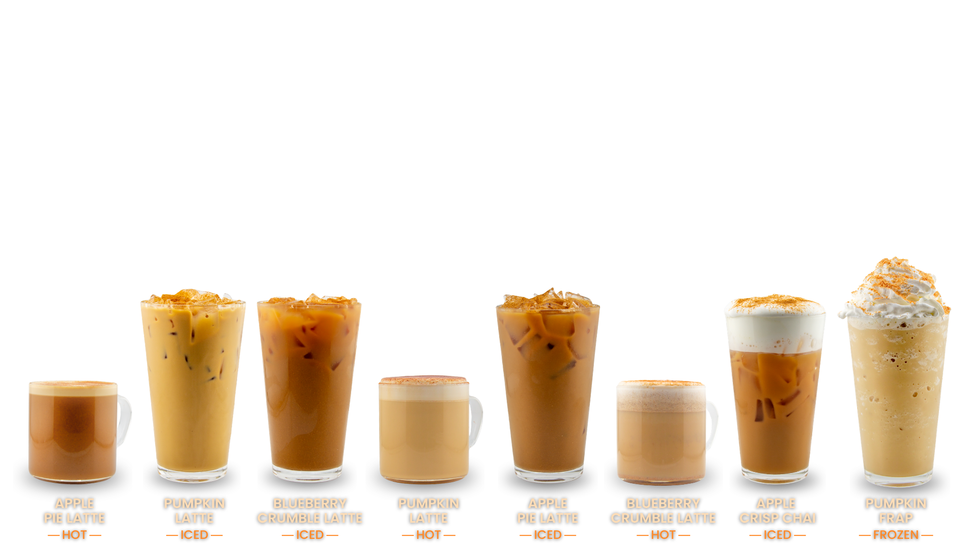 Fuel America fall drinks including hot and iced Apple Pie Latte, Pumpkin Latte, Blueberry Crumble Latte, iced Apple Crisp Chai, and Pumpkin Frap