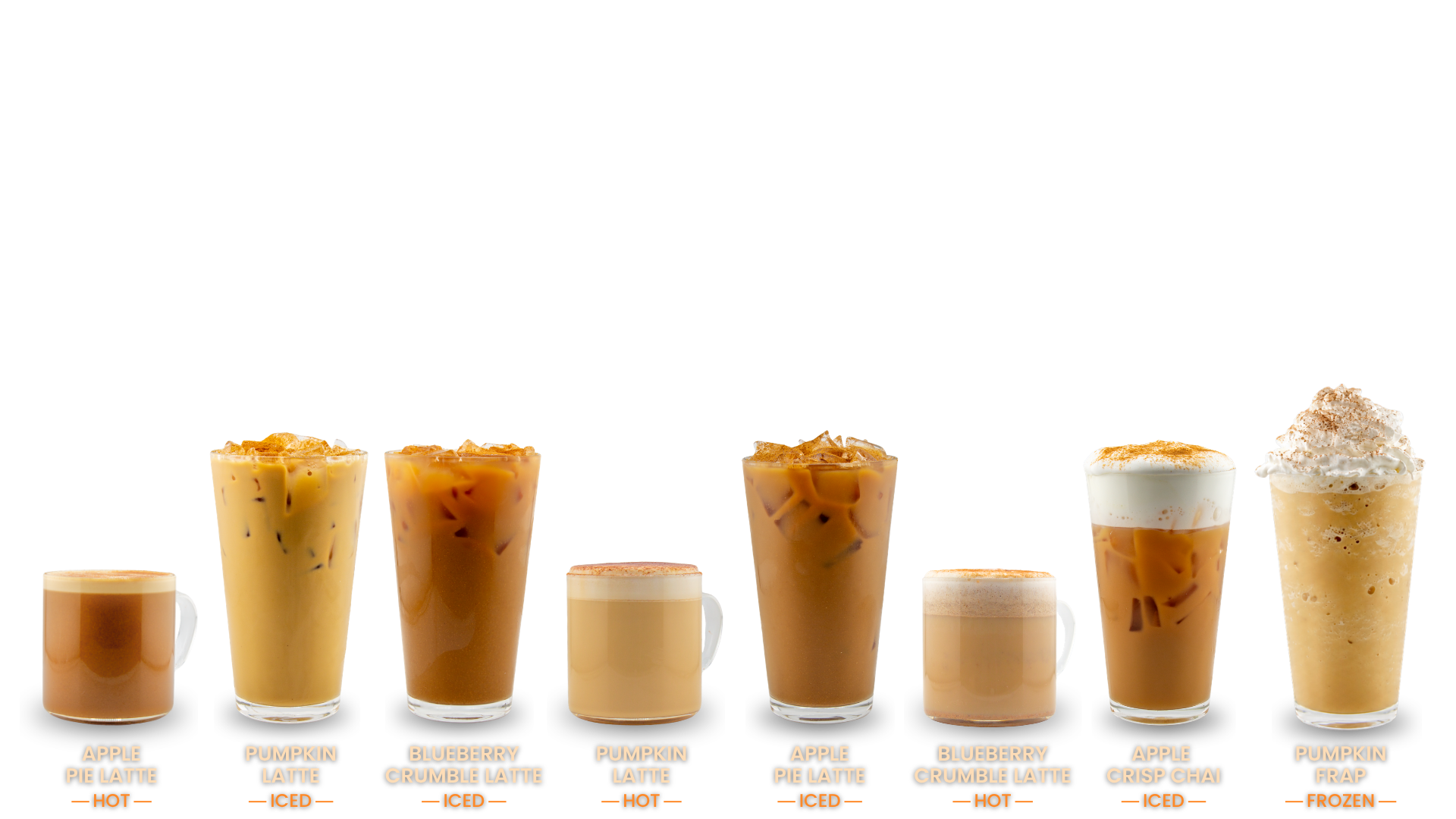 Fuel America fall menu featuring Apple Pie Latte, Blueberry Crumble Latte, Pumpkin Latte, Apple Pie Chai, and Pumpkin Frap