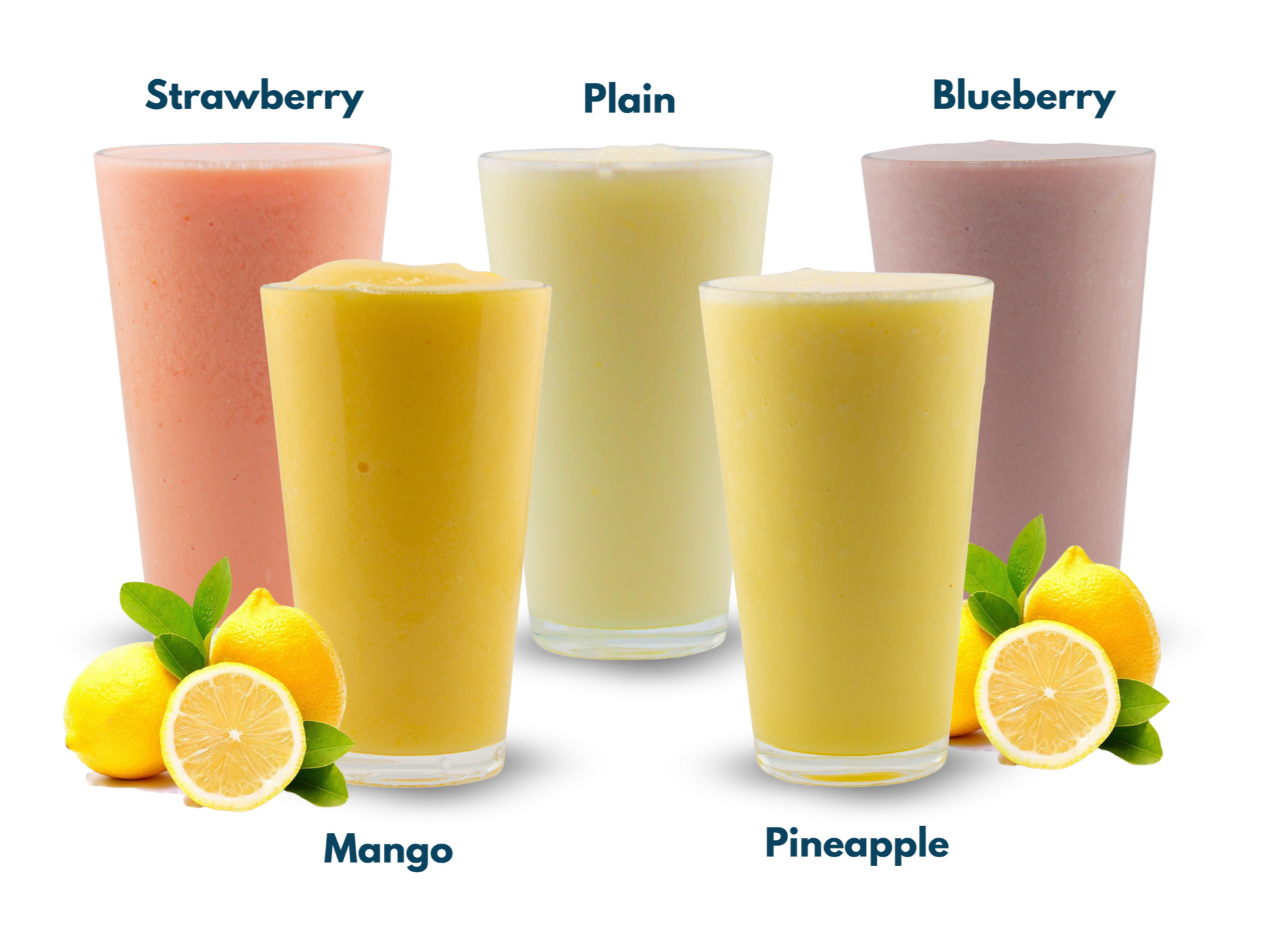 Five Frozen & Whipped Lemonades from Fuel America featuring Strawberry, Plain, Blueberry, Mango, and Pineapple flavors.