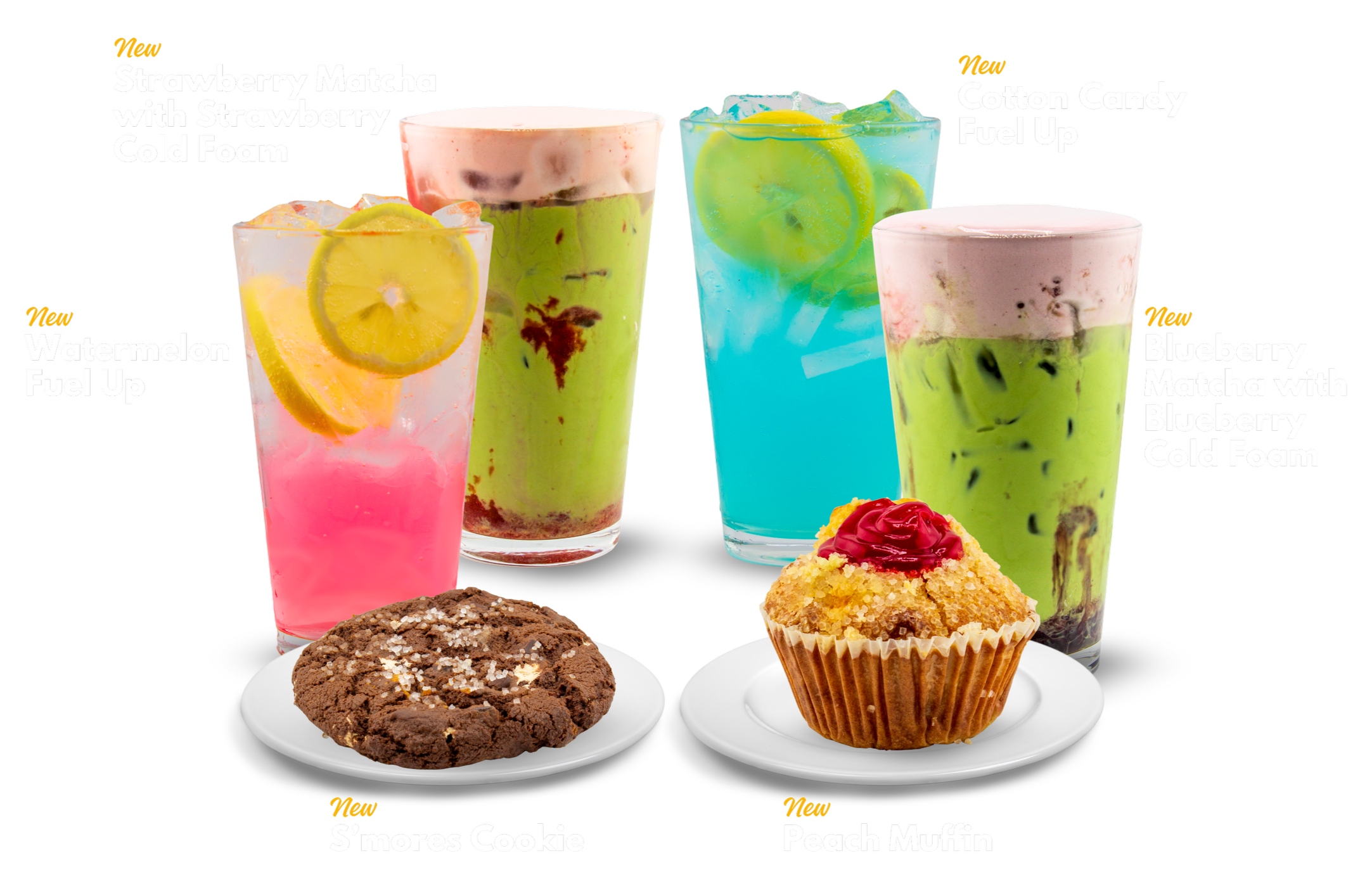 Fuel America summer menu featuring Cotton Candy Fuel Up, Watermelon Fuel Up, Strawberry Matcha with Strawberry Cold Foam, Blueberry Matcha with Blueberry Cold Foam, a Peach Muffin, and a S’mores Cookie.