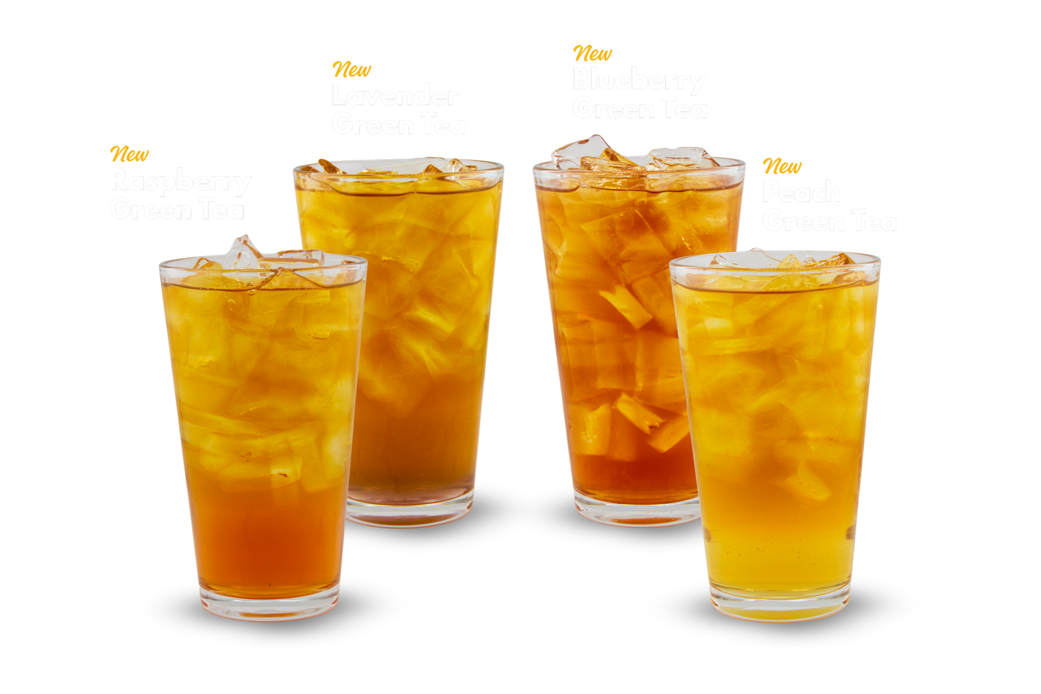 Four iced Green Tea Refreshers from Fuel America, featuring Raspberry, Lavender, Blueberry, and Peach flavors served over ice.