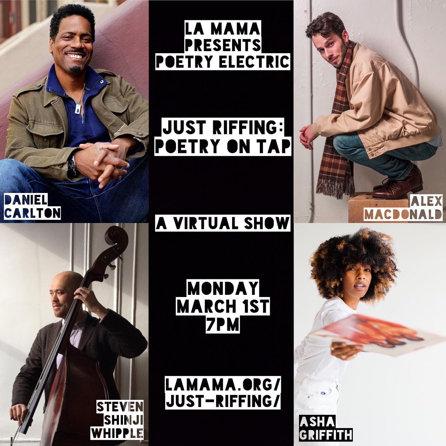 Doing a thing for @lamamaetc tonight on Zoom with the great @imdanielcarlton @jumpsuitalex and Asha Griffith. Poetry meets tap dance meets jazz. Check it out, it&rsquo;s free from their website!