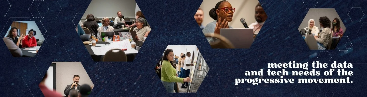 Blue website banner with images in hexagon shapes. Text to the bottom right reads: Meeting the data and tech needs of the progressive movement