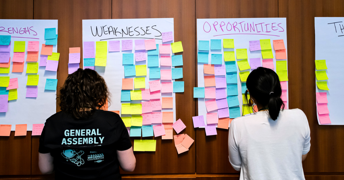 Two individuals, seen from behind, adding sticky notes to four large papers for a SWOT analysis—Strengths, Weaknesses, Opportunities, and Threats—during General Assembly 2025 in Atlanta, GA.