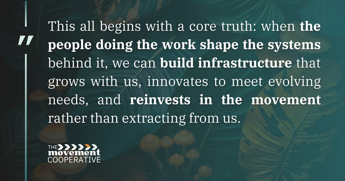 Quote graphic on an off-black/dark teal gradient background with faint leaves and mushrooms. The Movement Cooperative logo, in almost white and vivid orange, appears below the text.