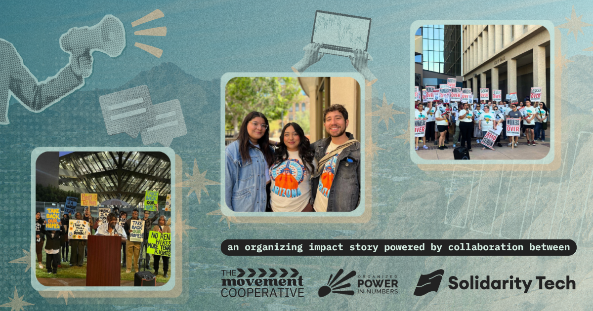 Collage featuring three photos of organizers and community members, with illustrations of a megaphone, speech bubbles and a laptop on a textured dark teal/mint gradient background.