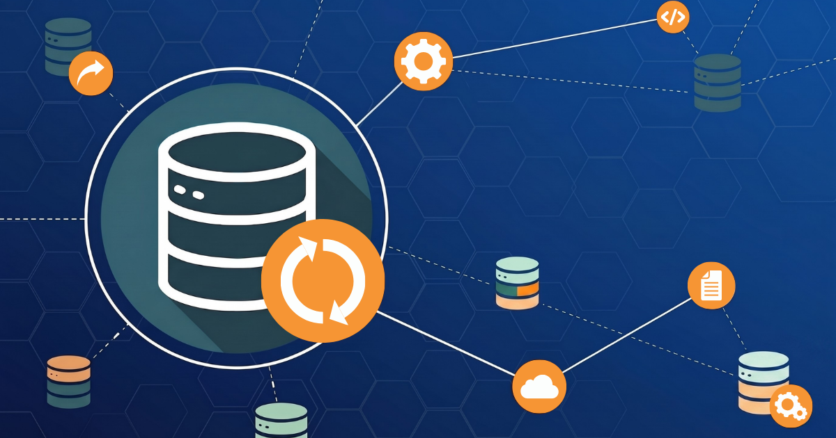 Illustration of a central database connected to multiple external systems and data sources through TMC's sync infrastructure. Off-black/blue gradient background with hexagon patterns.