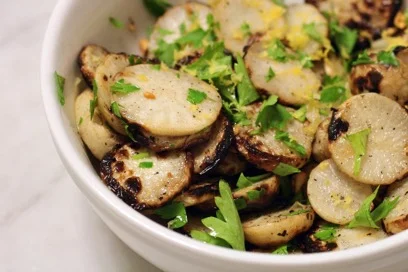 BBQ Spiced Turnips with Bulgur Wheat, Avocado and Garlic Scapes