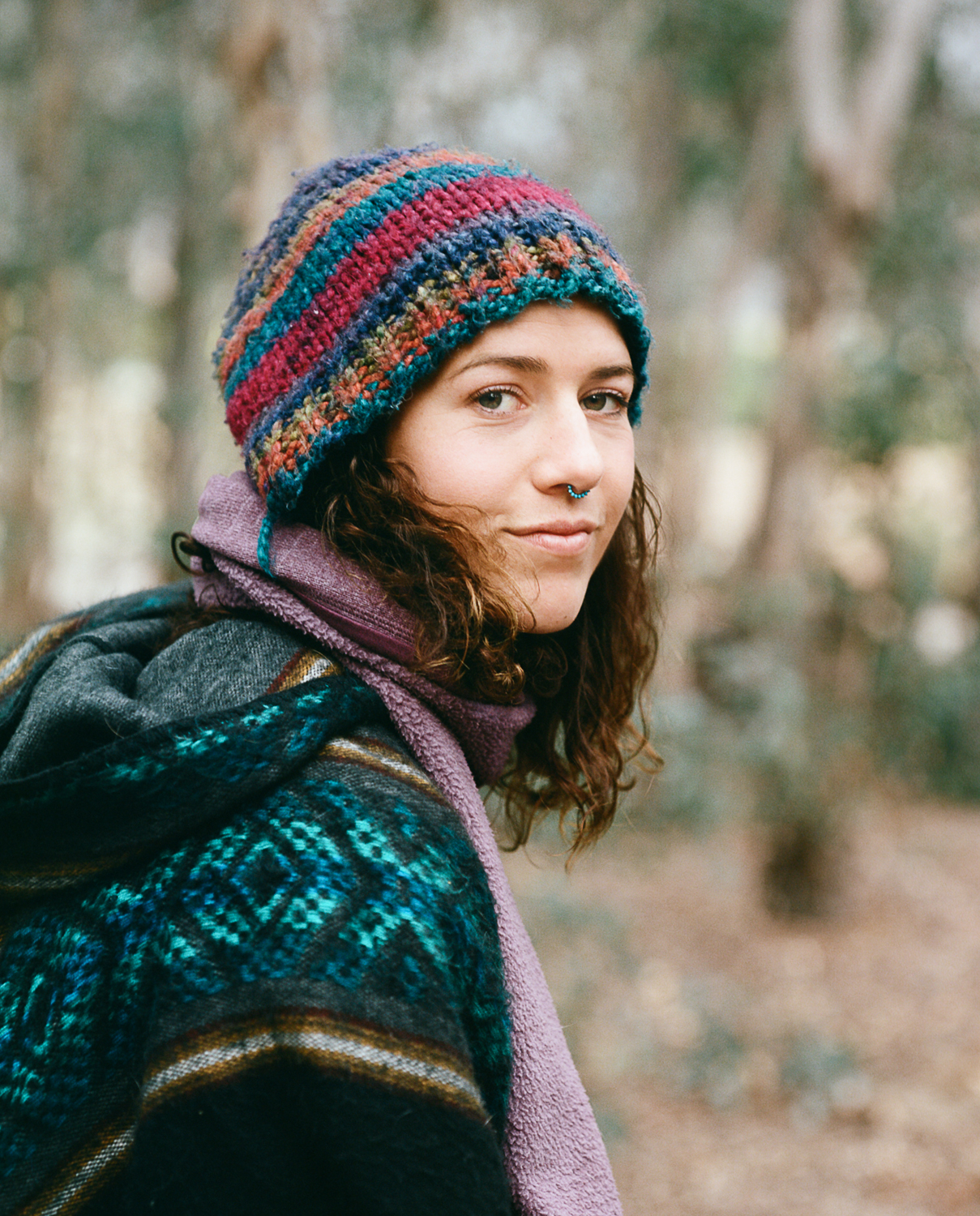 Pauma Valley, Southern California, Nature, Forest, Autumn, Nose Ring, Septum Piercing, Knit beanie, Poncho, No Makeup, Natural Makeup, Turquoise Jewelry, Film, Pentax, Medium Format Film, Kodak Portra