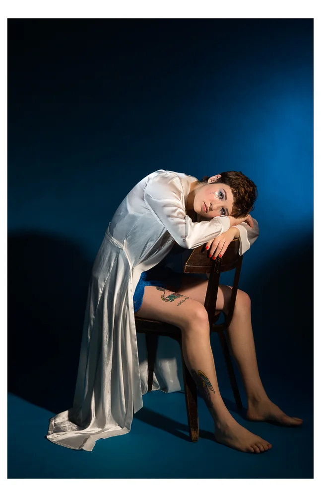 Portrait, Moody, Blues, Silk Robe, Glitter, Pixie Cut, Sad, Tattoos, Self Portrait, Studio Portrait, Chicago, Illinois