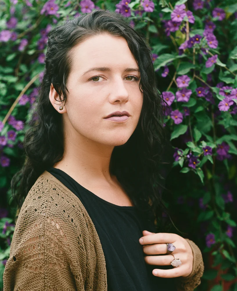 Oceanside, California, Southern California, Amethyst, Purple Flowers, Dark Lipstick, A-symmetrical haircut, Curly Hair, Knit Sweater, Portrait, Natural Makeup, Film, Medium Format Film, Pentax, Kodak Portra
