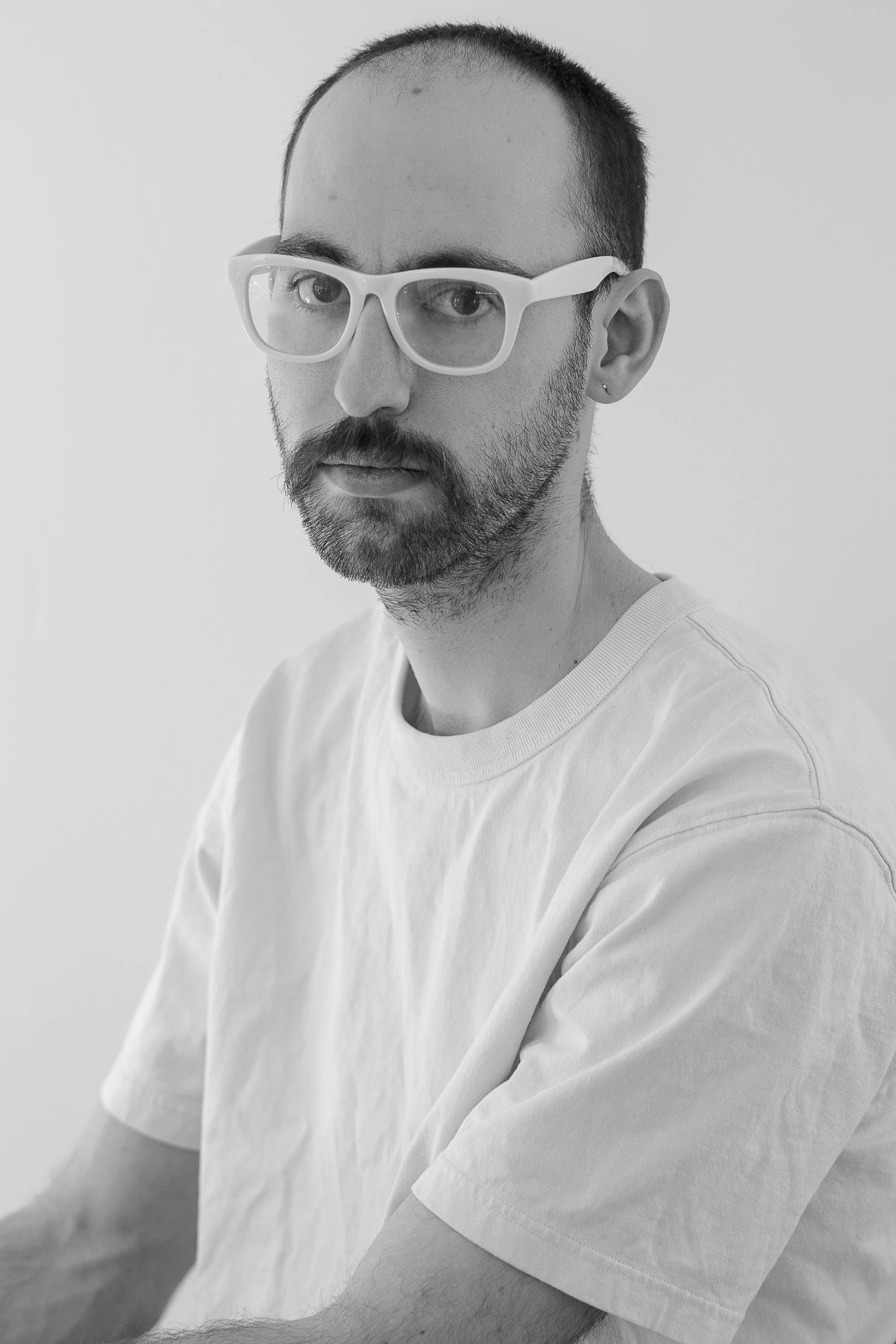 Glasses, Mustache, Black and White, Minimalist, Portrait, Shaved Head, Plain Tee, Chicago, Illinois
