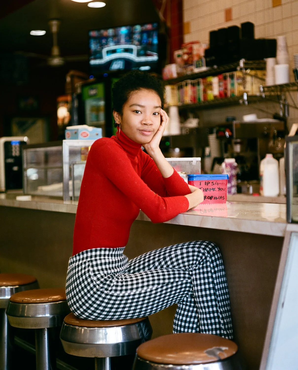 Mike's Donuts, Bay Ridge, Brooklyn, New York, NYC, USA, Portrait, Vintage, Donut Shop, Checkered Pants, Red Turtleneck, Fashion, Film, Medium Format Film, Pentax, Kodak Portra