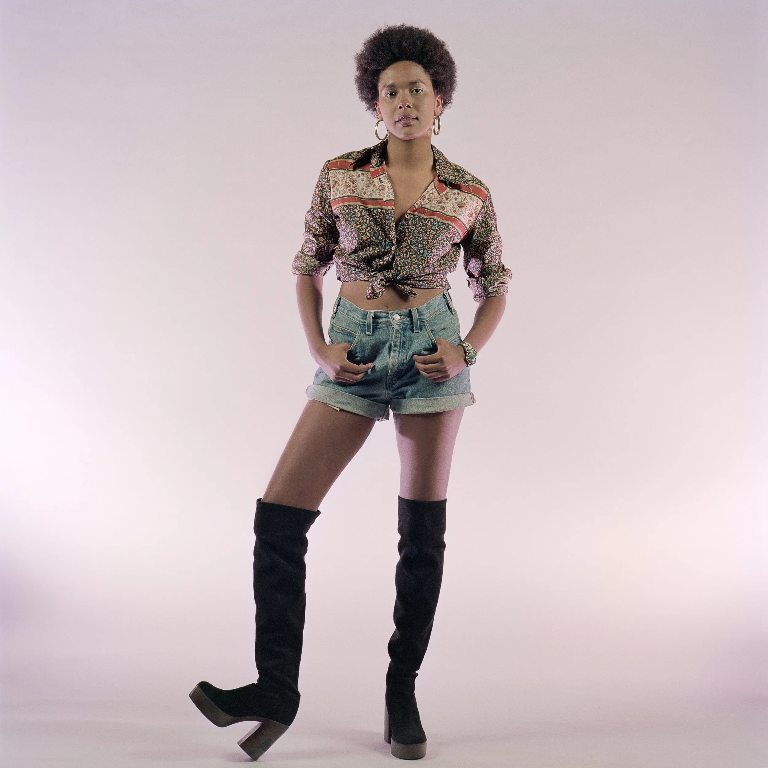 Betty Davis, Album Cover, Album Art, Music, Replication, Afro, Knee High Boots, Platform Boots, Retro, Vintage, Hoop Earrings, Denim Shorts, Film, Medium Format Film, Hasselblad, Kodak Portra, Studio Portrait