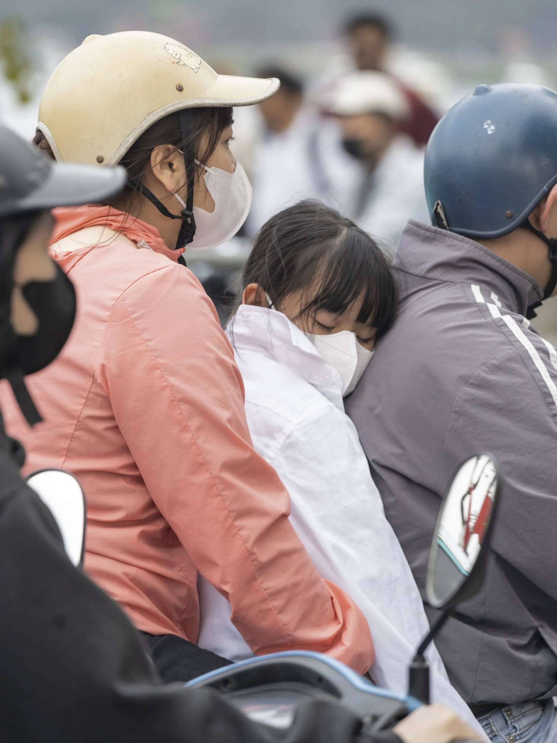 Hanoi, Vietnam, Southeast Asia, Sleeping, Asleep, Motorbikes, Traffic, Facemasks