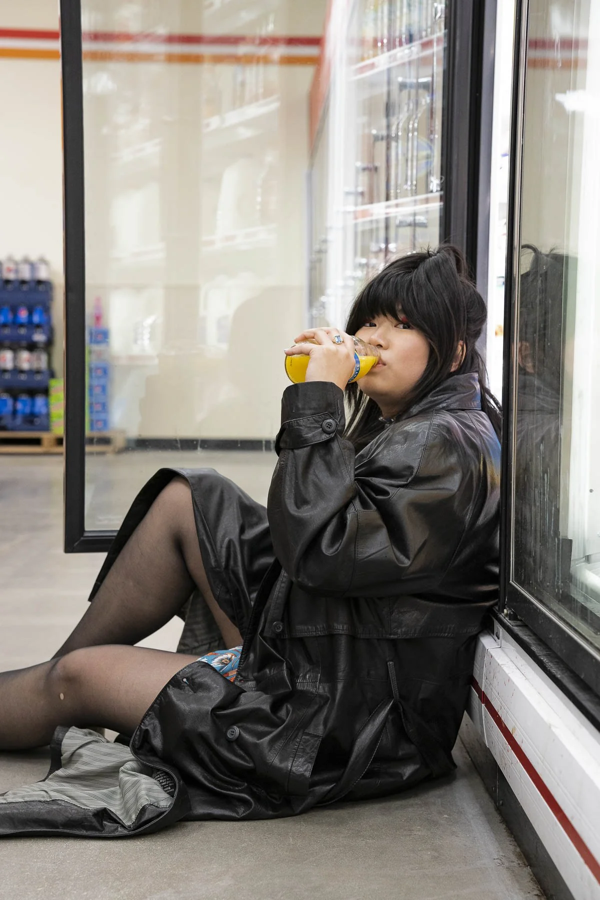 Family Dollar, Orange Juice, Cooler, Grocery Store, Leather Jacket, Trenchcoat, Retro, Vintage, Bangs, Fashion, Chicago, Illinois