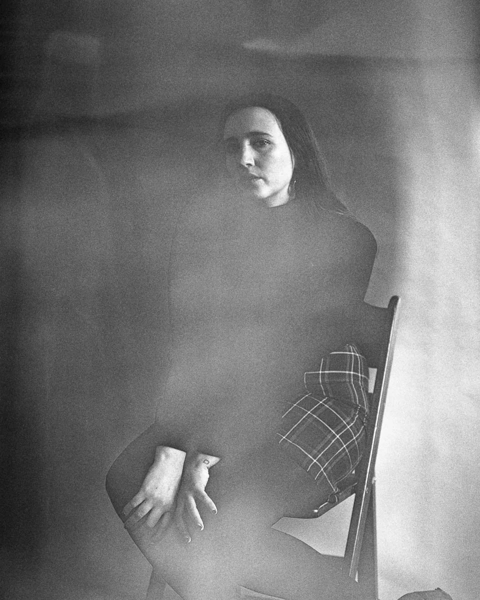Uma Bloo, Musician, Portrait, Experimental Photography, Black and White Film, Pentax, Medium Format Film, Plaid Skirt, Studio Portrait, Chicago