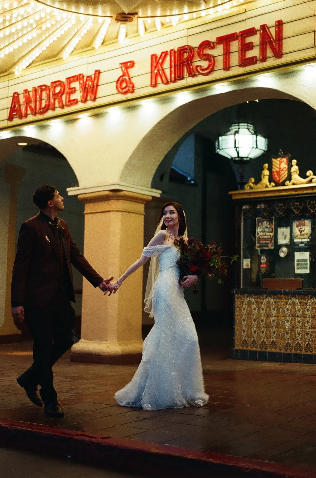 Wedding, Vintage, Retro, Marquee, Theater, Box Office, Film, 35mm, Nikon, Gothic, Lace Wedding Dress, Maroon Tuxedo, Santa Barbara, California