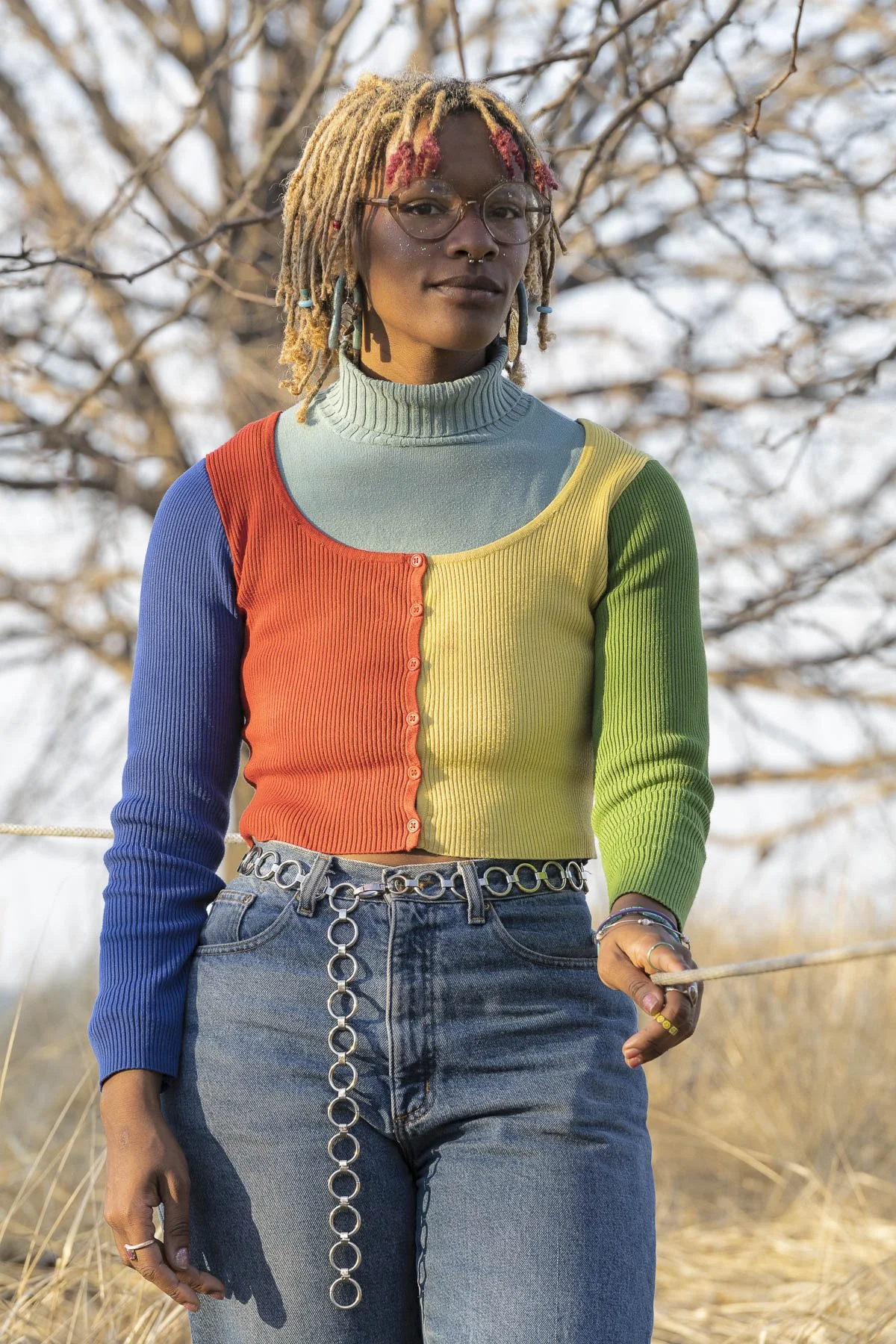 Portrait, Colorblocking, Turtleneck, Fashion, Chain belt, Dreads, Round Glasses, Nose Ring, Hollywood Beach, Chicago, Fall, Autumn, Illinois, Midwest
