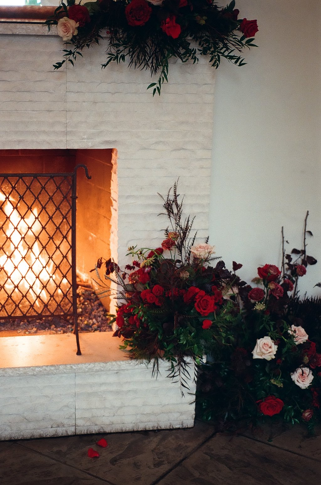 Fireplace, Roses, Autumn Wedding, Gothic Wedding, Wedding Details, 35mm Film, Nikon, Santa Barbara, California