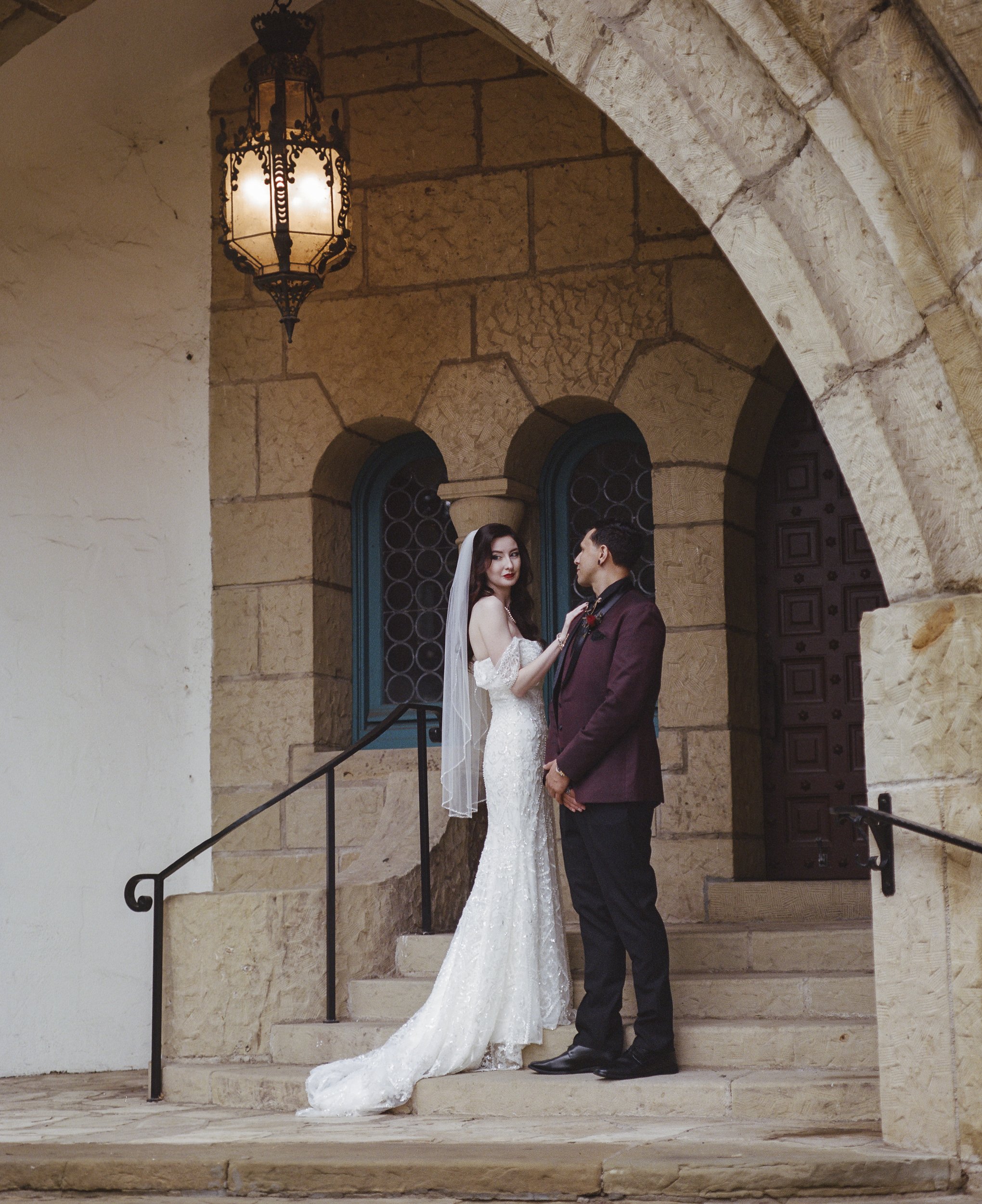 Santa Barbara, Gothic Wedding, Wedding Dress, Lace, Maroon Tuxedo, California, Film, Medium Format Film, Pentax, Kodak Portra