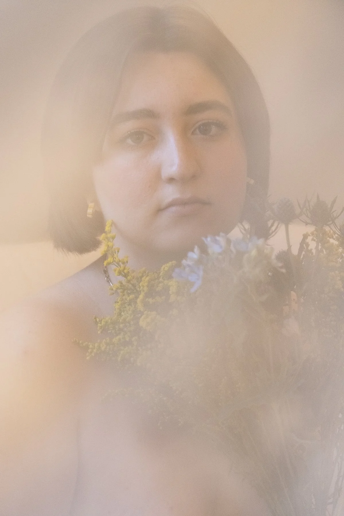 Portrait, Bouquet, Flowers, Hazy, Short Hair, Bob Haircut, Chicago, Illinois