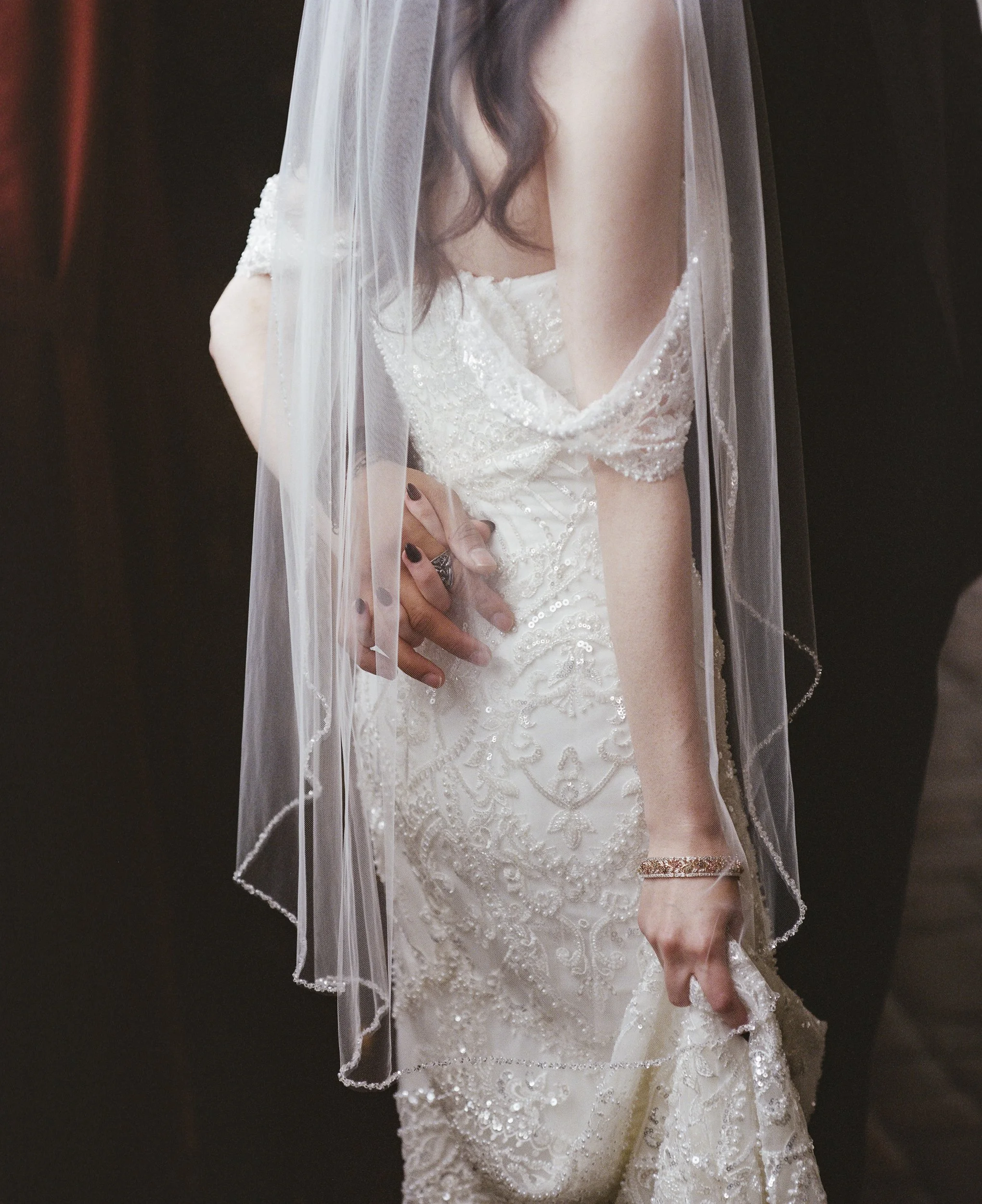 Embroidered Wedding Dress, Wedding Veil, Holding Hands, Bridal Accessories, Classic Bride, Gothic Wedding, Santa Barbara, 120 Film, Medium Format Film, California, Pentax, Kodak Portra
