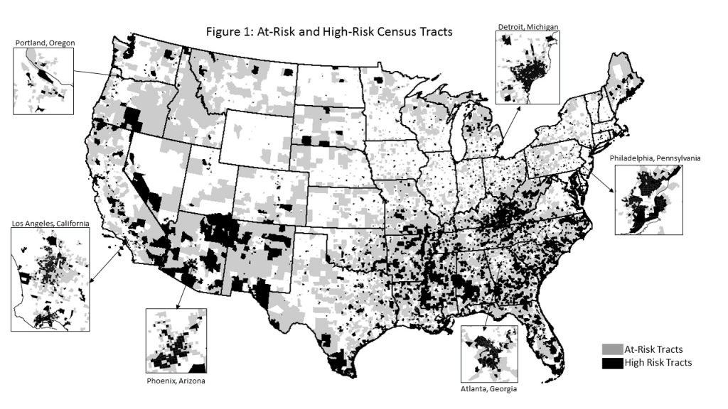 High-risk areas likely to face affordability challenges are those with a median income below $32,000. Image by Mack EA and Wrase S, 2017, PLoS ONE