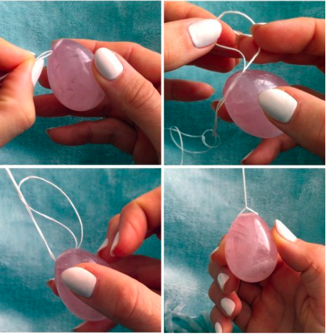 Thread the yoni crystal by using 2 feet of unwaxed, unflavored dental floss.