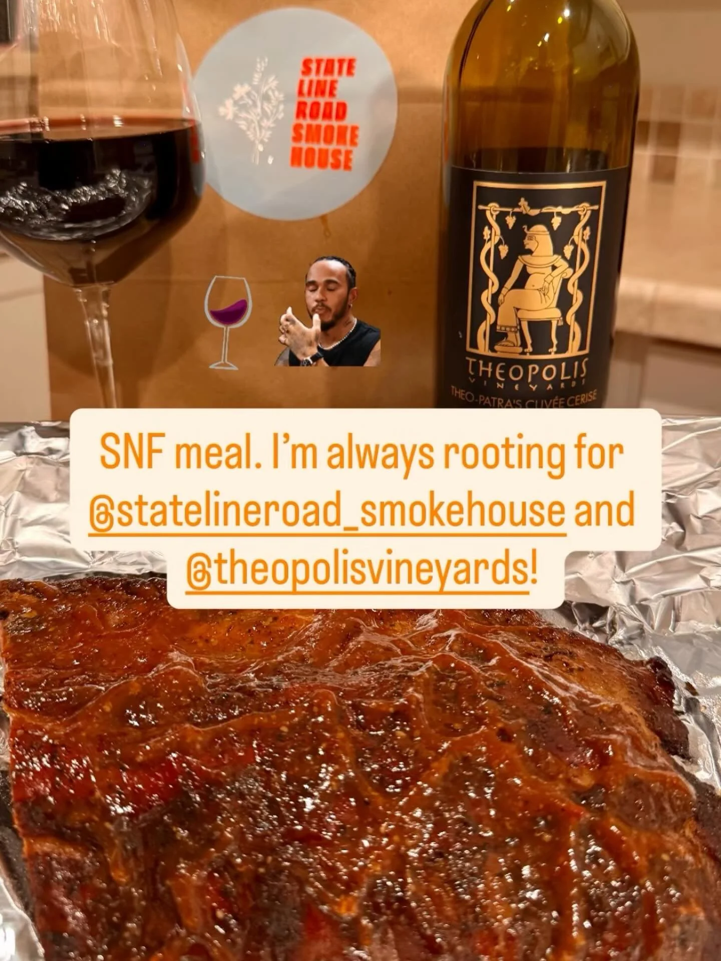 Thank you to @kellyecarter from Napa for pairing our Theo-patra&rsquo;s Cuv&eacute;e Cerise red blend with a rack of ribs from @statelineroad_smokehouse for Sunday Night Football. This looks like a wonderful time was had!
~
#theopolisvineyards #kelly