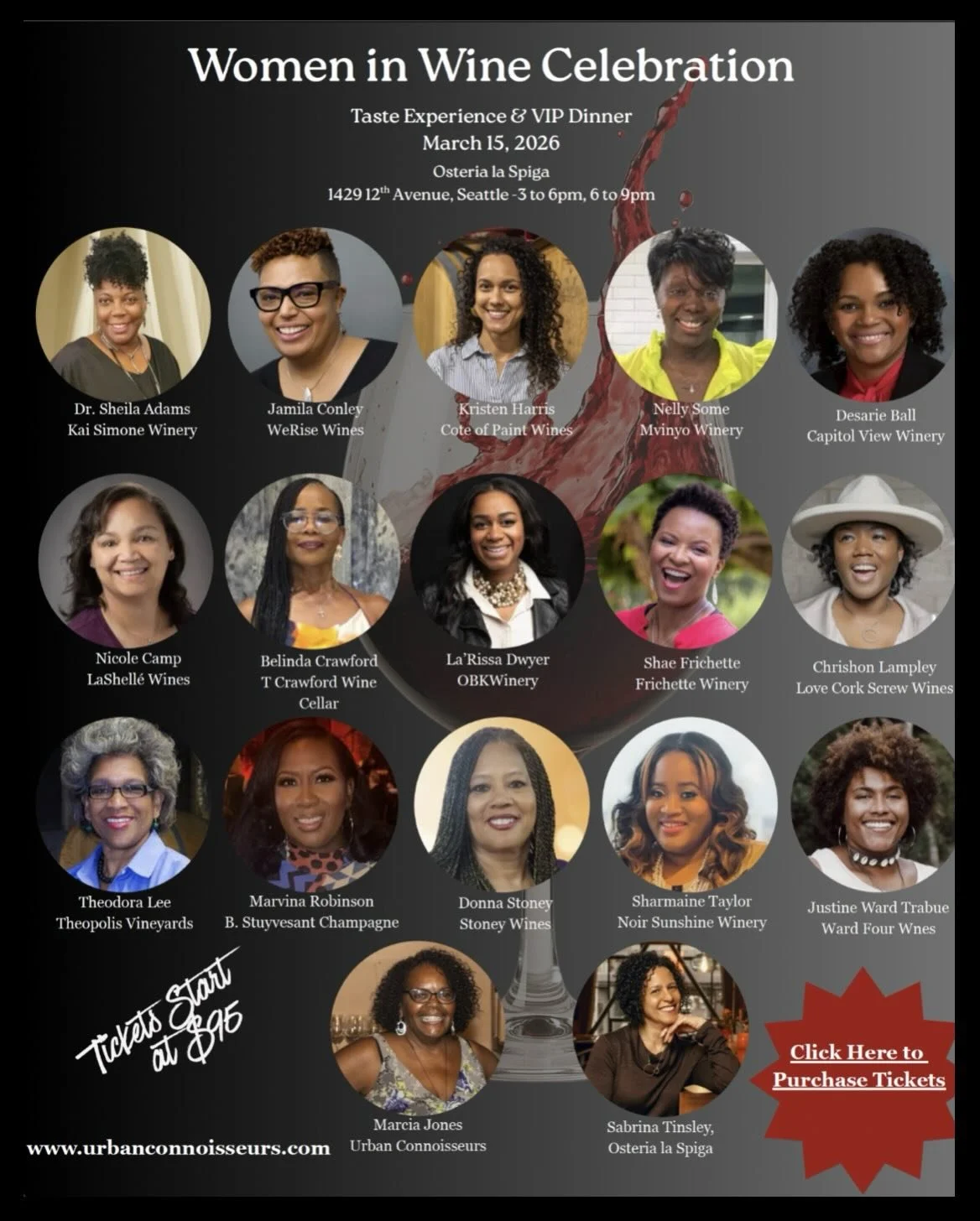@urban_connoisseurs is again putting in their Women in Wine Celebration on Sunday March 15 at Osteria La Spiga in Seattle. This Tasting Experience includes 15 women in wine this year. 

Guests will enjoy the opportunity to visit multiple wine station