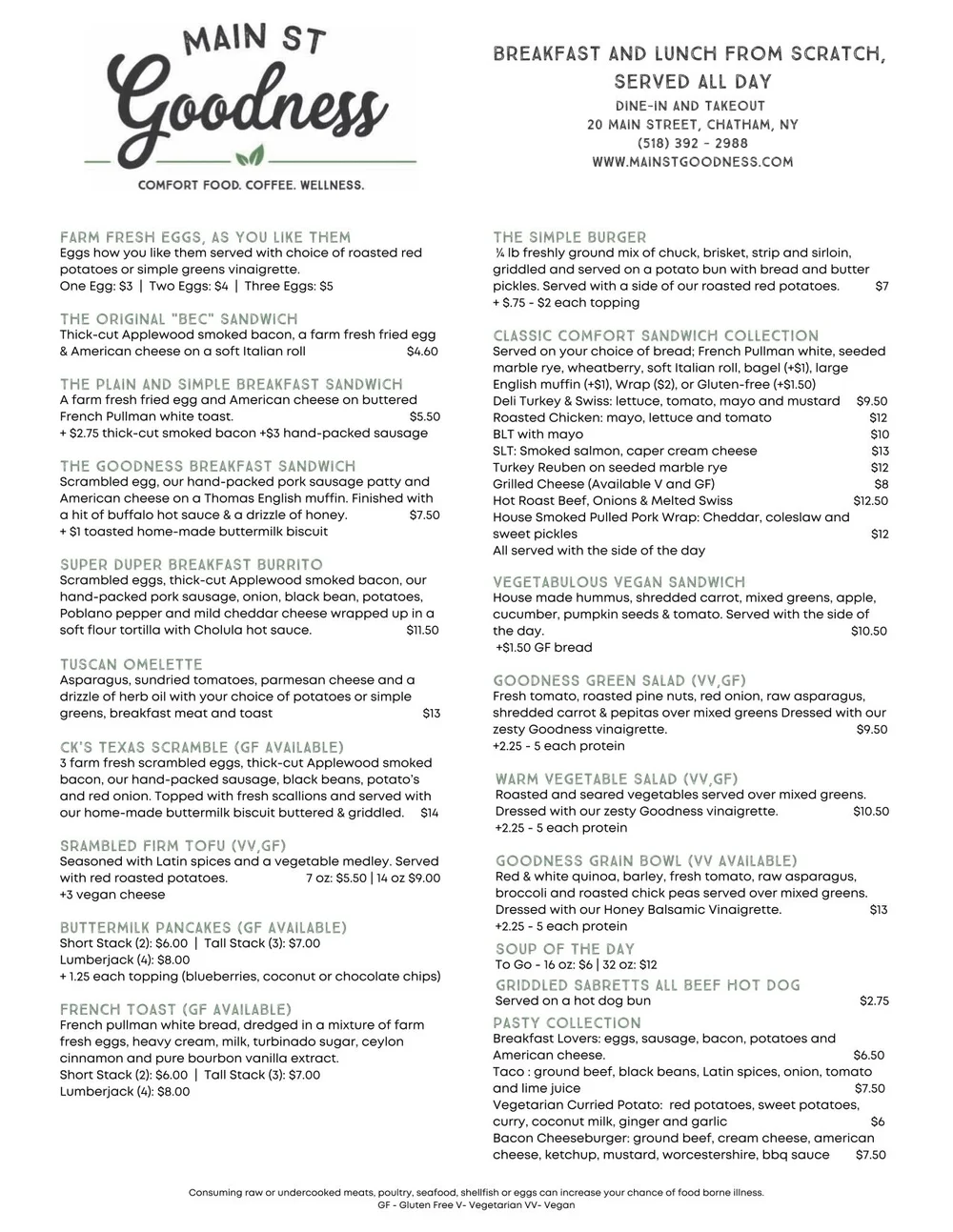 Cafe Menu Main Street Goodness