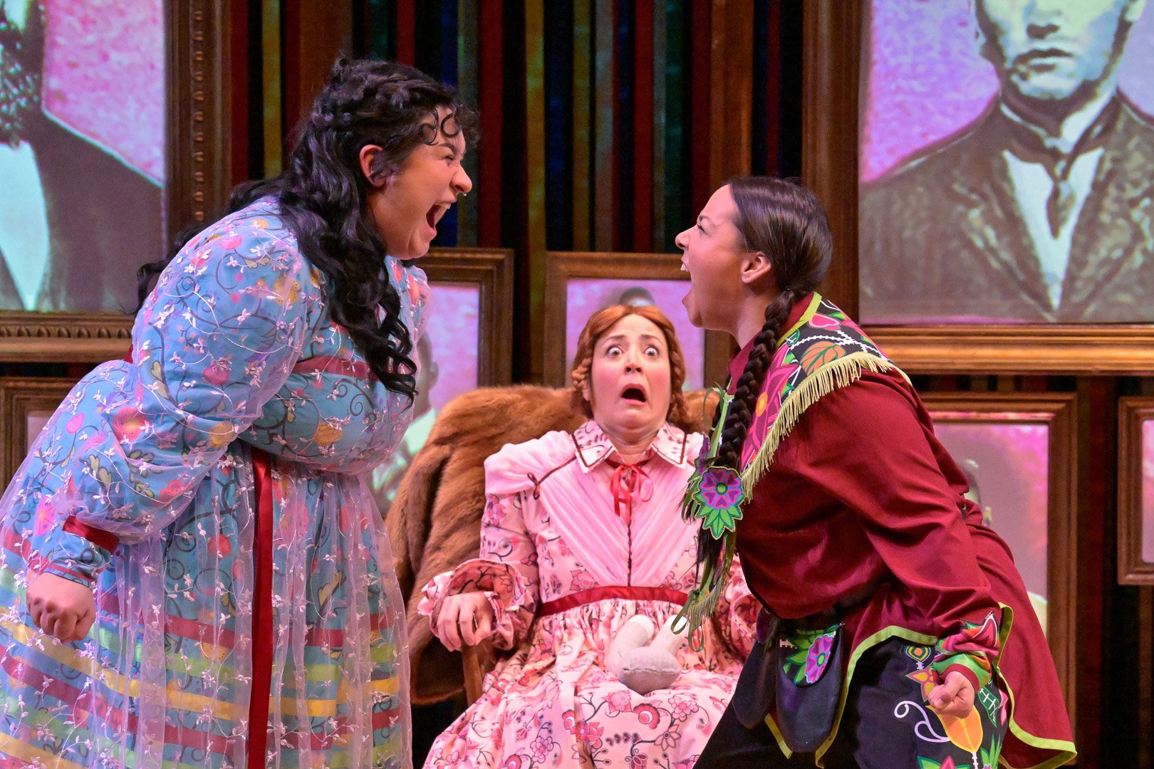  Kelsey Wavey, Cheri Maracle, and Lisa Nasson in "Women of the Fur Trade" by Frances Končan. Photo by Fred Cattroll.